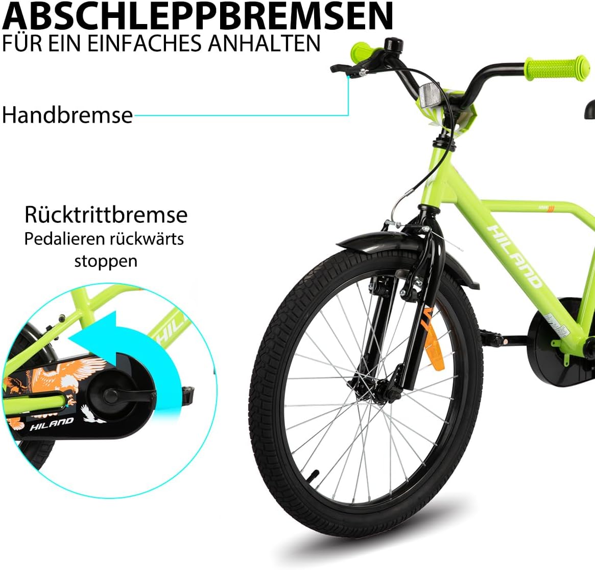Hiland 12/14/16/20 Inch Kids Bicycle for Boys 3-10 Years with Stabilisers, Boys Bicycle with Handbrake and Coaster Brake, Black/Green/Blue – Bild 3