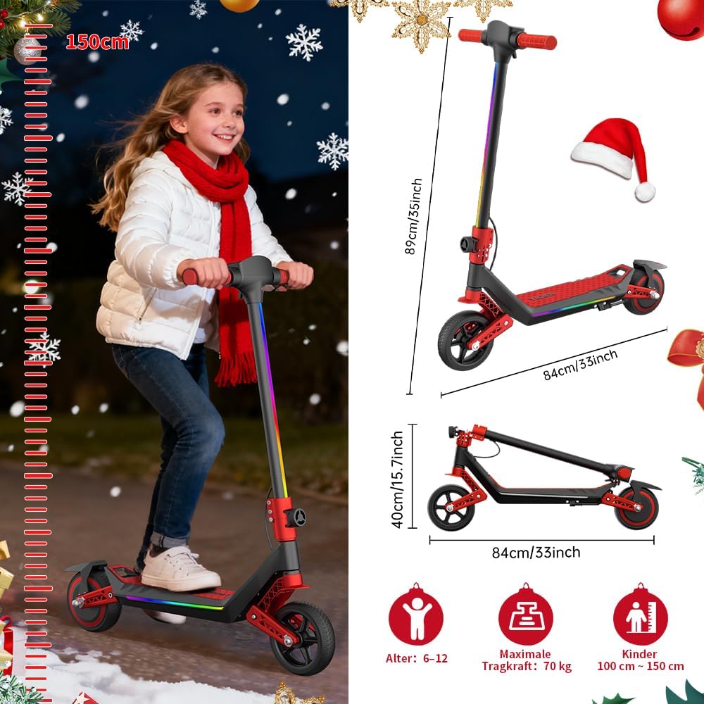 U8 Children's E-Scooter in 16 km/h, 12 km Range, 3 Speed Levels Zero Start, Electronic Brake, Double Suspension, 6.5 Inch Tyres, Foldable & LED Lighting, for Children from 6 Years, Four Colours – Bild 9