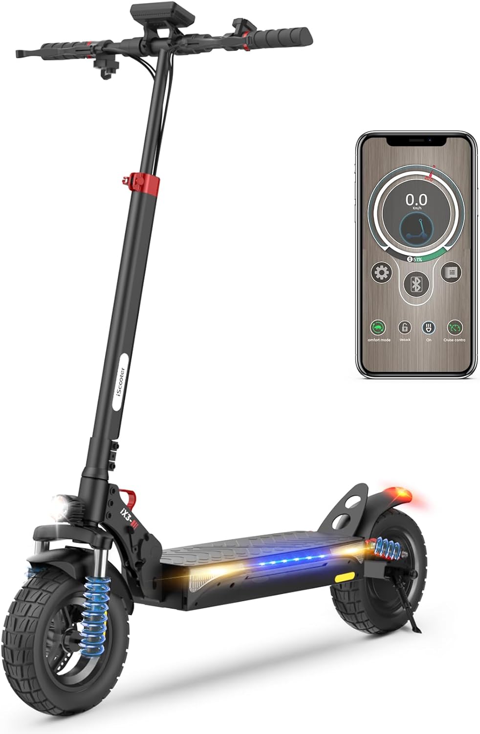 800 W Electric Scooter for Adults, 480 Wh Battery, Maximum Range of 40 km, Foldable Electric Scooter of 10 Inches, App, Maximum Load 120 kg, Adjustable Handlebar, Quadruple Suspension