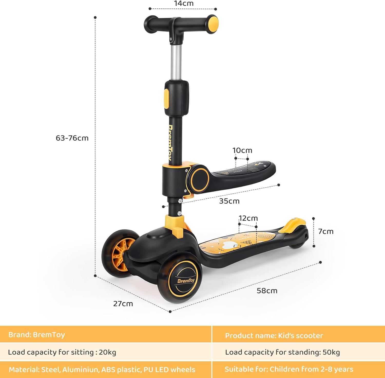 BremToy Children's Scooter with Seat, Scooter with LED Wheels, Children's Scooter with Height-Adjustable Handlebar, Foldable Children's Scooter for Children 1-8 Years – Bild 7