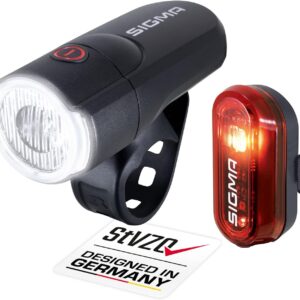 Sigma LED Bicycle Light Set Aura 30 & Curve, LED Bicycle Light Battery Operated, Tool-free Assembly, Splash-proof Bicycle Lights LED Set StVZO Approved Bicycle Light Front and Rear