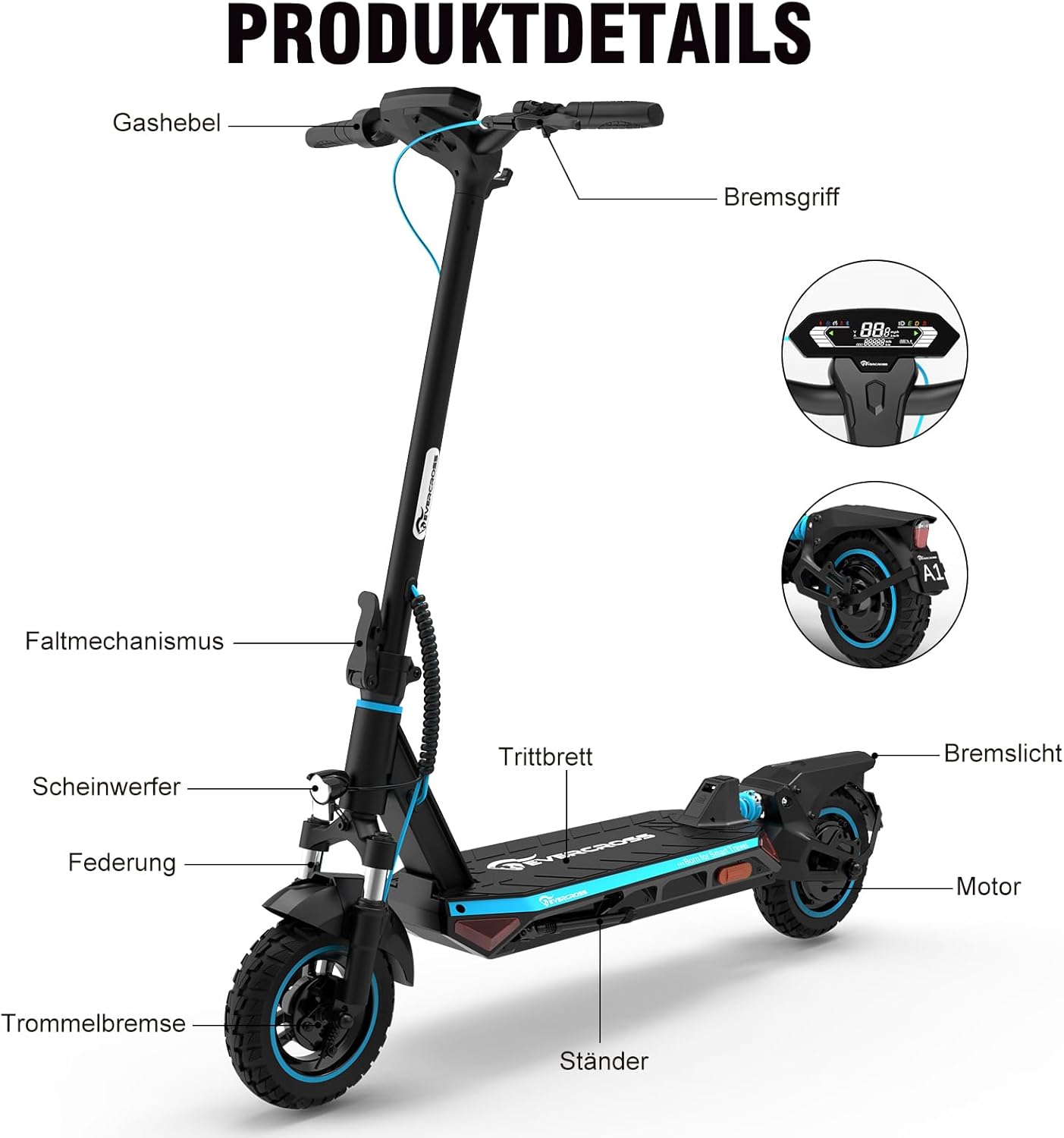 EVERCROSS A1 E-Scooter mit Straßenzulassung (ABE), 500W Motor, 10 Zoll Offroad Vakuumreifen, 46,8V 716,04WH Akku bis 70 km Reichweite, Faltbarer Elektroroller für Erwachsene mit App & LED-Display – Bild 7