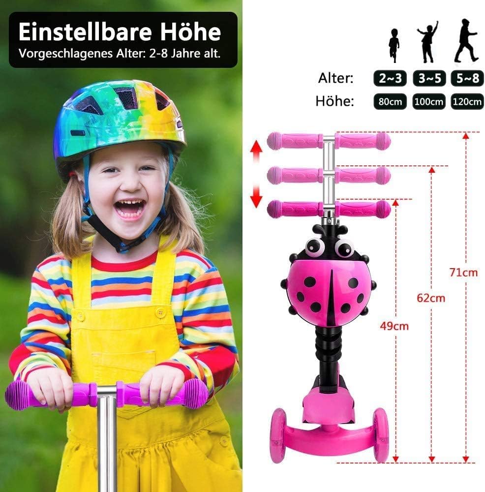 Yoleo 5-in-1 Children's Scooter with Removable Cartoon Basket, Seat, Push Bar, LED, Large Wheels, Comfortable Backrest, Height-Adjustable Handlebar for Toddlers, Boys and Girls from 2 Years, pink – Bild 3