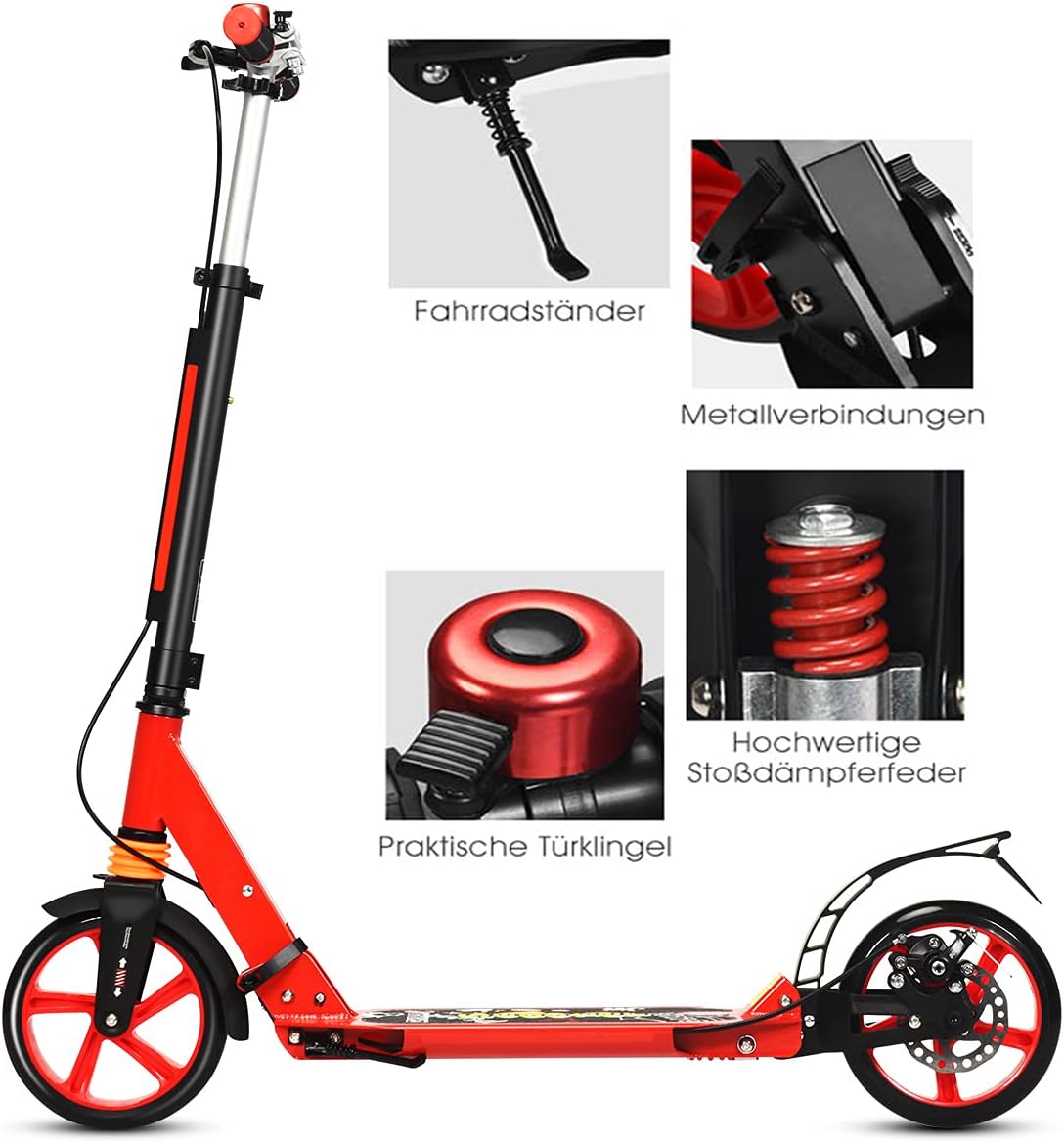 RELAX4LIFE Kickscooter Foldable & Height Adjustable, City Scooter with Bell & Stand, Scooter with Double Suspension & Carry Strap, Scooter up to 100 kg Load Capacity, for Children and Adults, PU – Bild 6