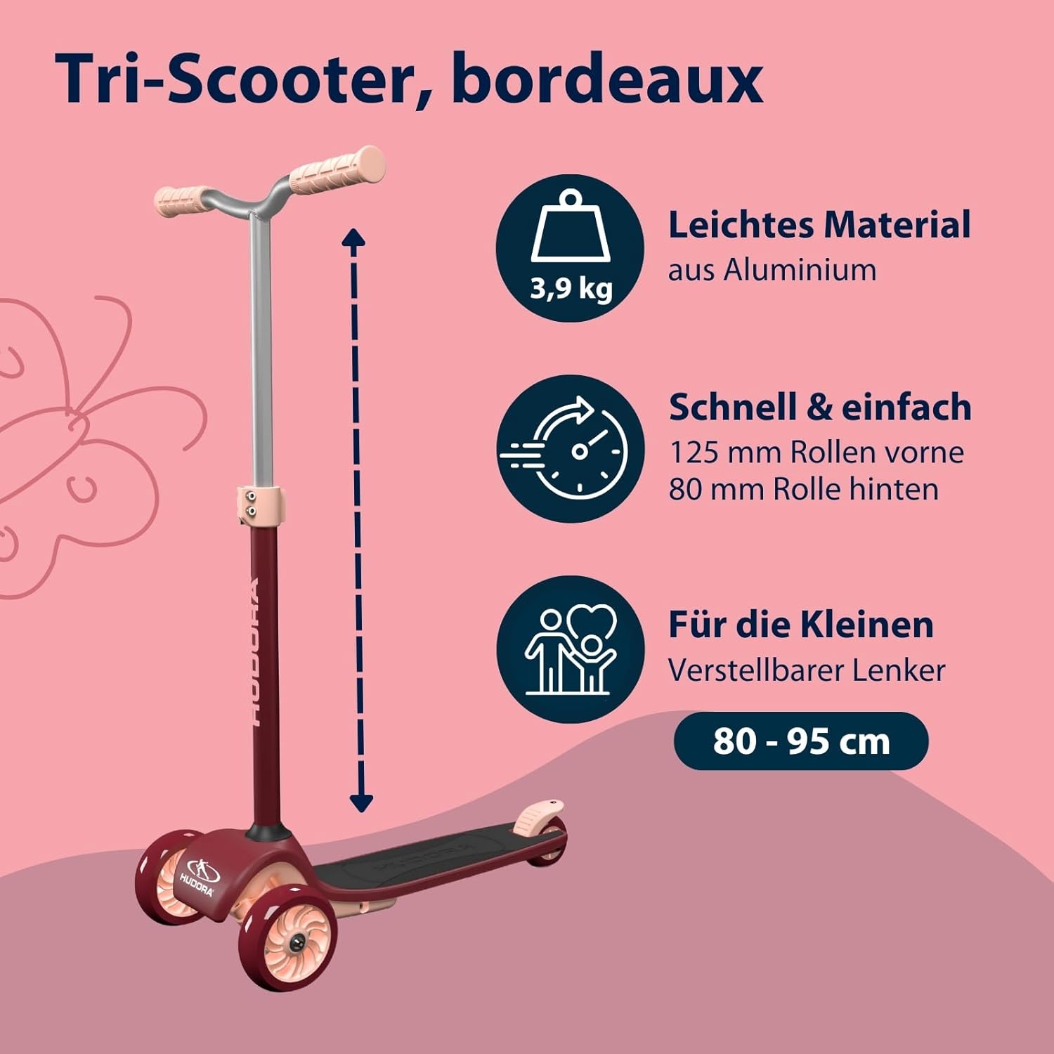 HUDORA Tri Scooter - Sturdy Tricycle Scooter with Large Tread - Height-Adjustable & Foldable City Scooter for up to 100 kg - Aluminium Tricycle Scooter for Children and Teenagers – Bild 2