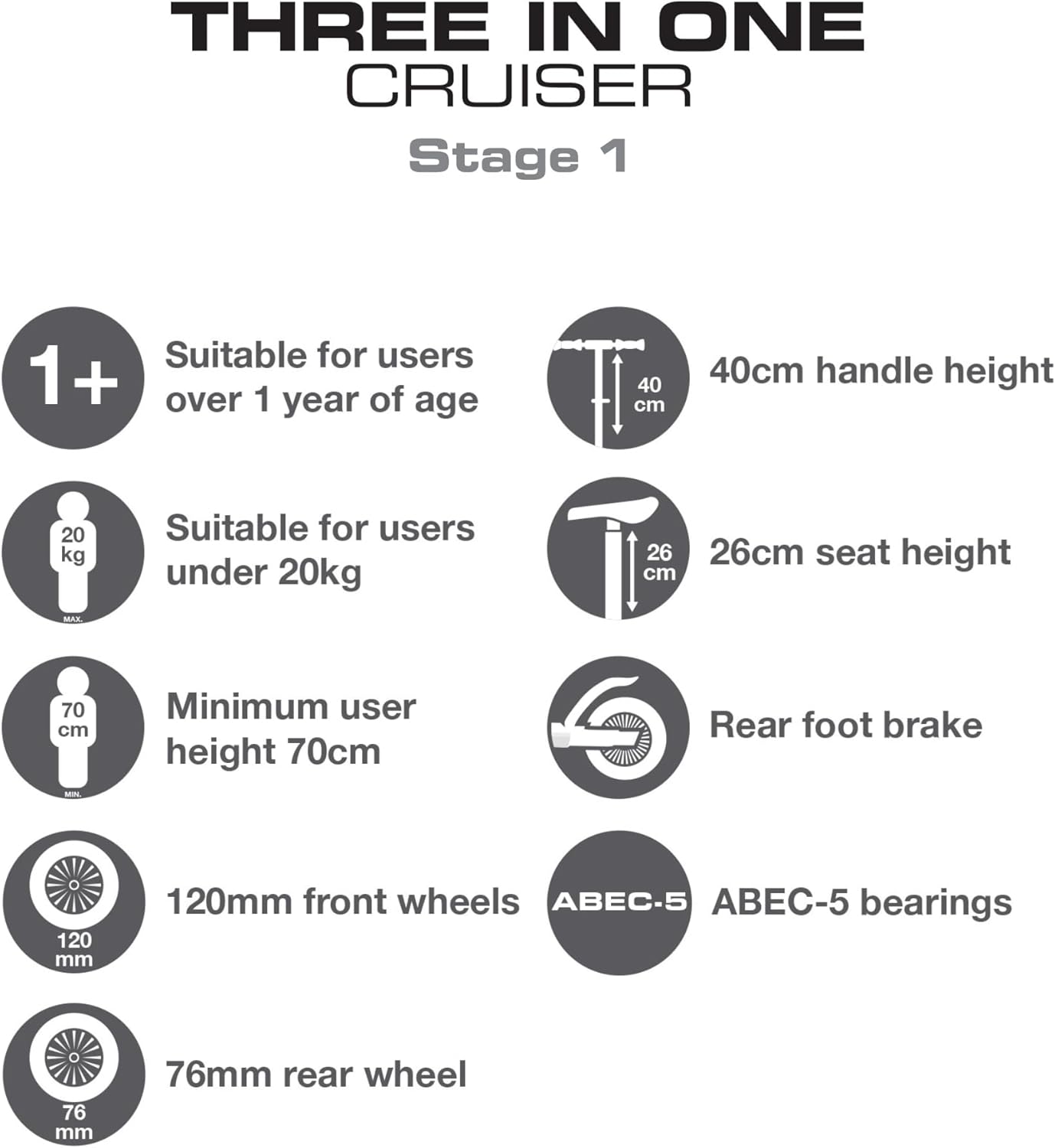 Evo EVO 3-in-1 Cruiser Scooter, Adjustable Handle Height, 3-Level Interchangeable Design, Scooter with Seat Convertible into 2-Wheel Scooter, Ideal First Scooter for Children from 1 Year – Bild 6