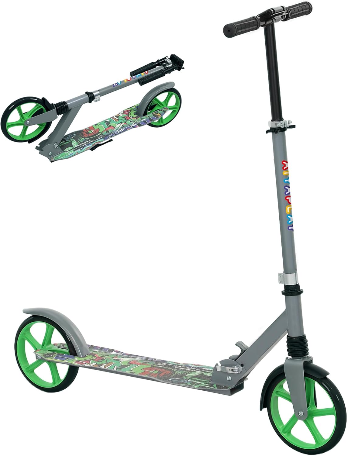 AIYAPLAY Children's Foldable Scooter with Adjustable Handlebar Height, 2 Large Wheels, Rear Mudguard Brake, Scooter for Children from 6-12 Years