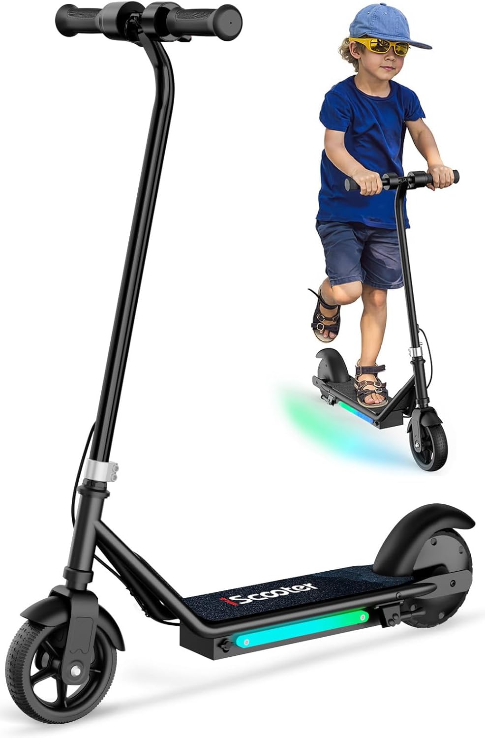 iScooter E Scooter for Children from 6-12/8-14 Years, 2/3 Modes (5-19 km/h), 6.5 Inch Music Foldable Electric Scooter & 3 Adjustable Heights, 5.5 Inch Children's Electric Scooter with 7-Coloured