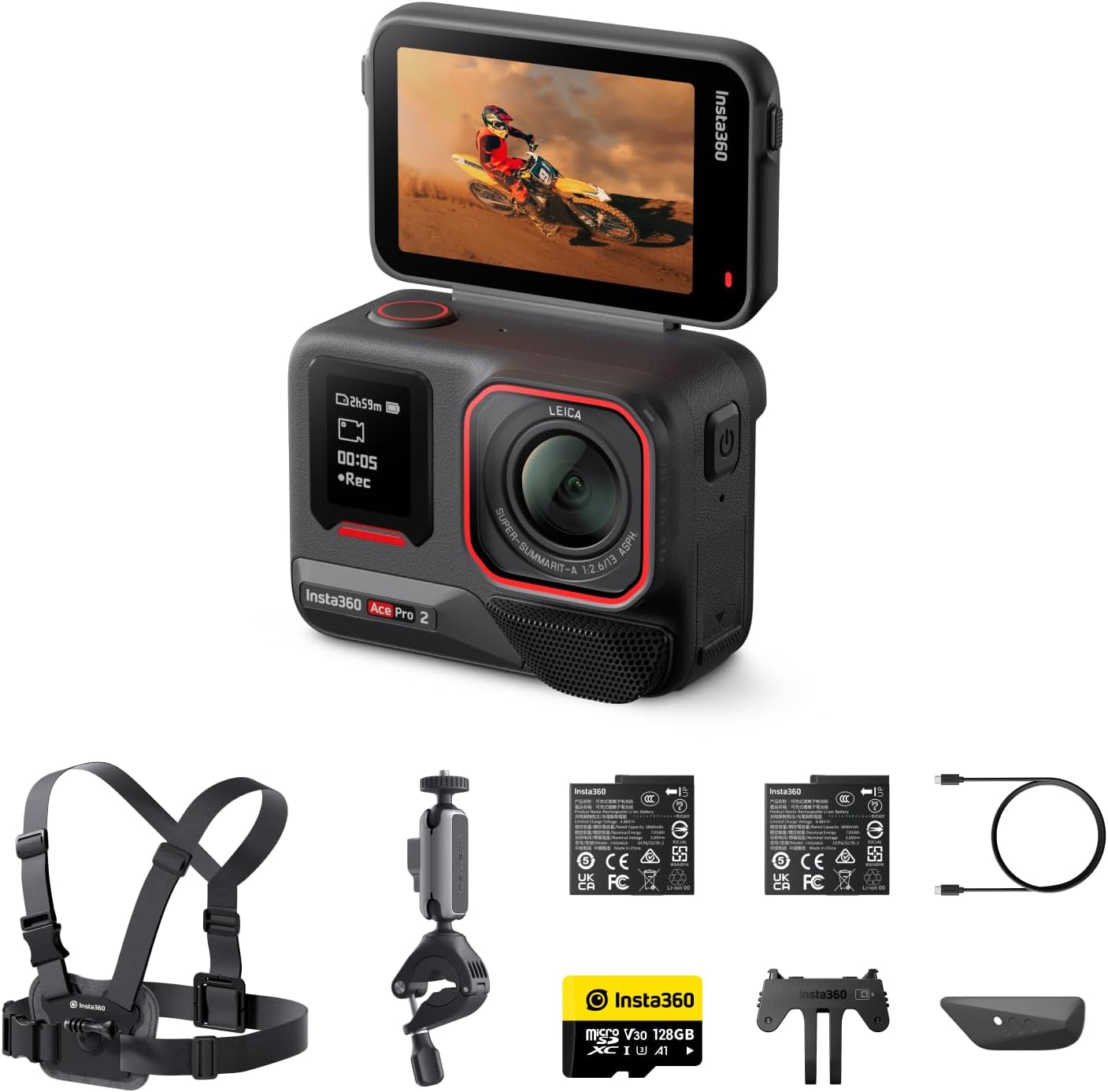 Insta360 Ace Pro 2 Bike Bundle - 8K Waterproof Action Camera with Leica Developed, 1/1.3 Inch Sensor, Dual AI Chip System, Leading Low Light Performance, Best Audio, Flip Screen & AI Editing