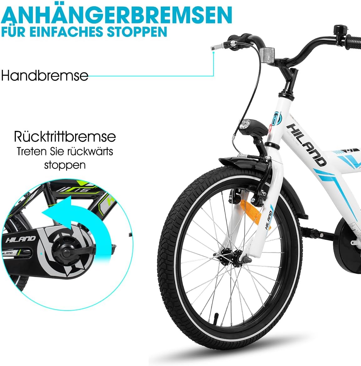 HILAND 16/18/20 Zoll Kinderfahrrad Mountainbike Kinder MTB für Jungen und Mädchen ab 4 5 6 7 8 9 Jahren Licht Gepäckträger Stützräder/Ständer, Schwarz/Weiß – Bild 3
