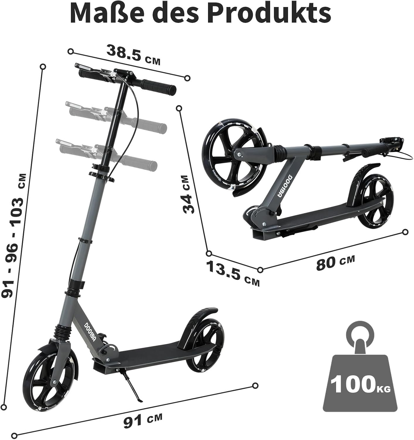 200 mm LED Big Wheel Scooter NV-D001BA with Light Wheels - Foldable City Scooter for Children from 9 & Teenagers (125-175 cm), Suspension & Double Brake, Scooter up to 100 kg, Grey/Red/Blue – Bild 8