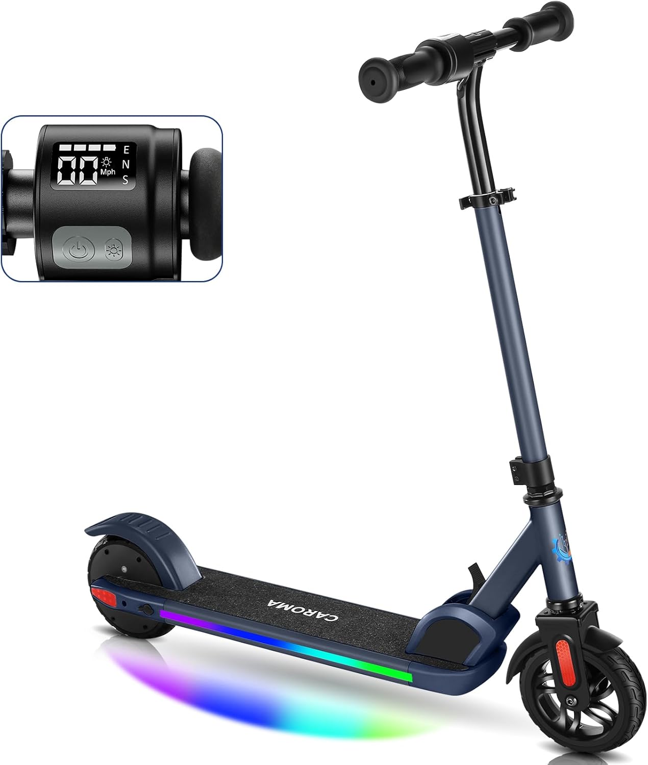 Caroma E Scooter für Kinder Alter 6-14, 150W/180W Motor, 16 km/h, 80 mins Fahrzeit, einstellbare Geschwindigkeit und Höhe, Bunte Lichter, LED-Anzeige, Faltbarer Kinder Elektroroller