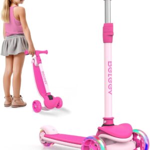 BELEEV A8 Scooter Children 6 Years, Foldable Premium Tricycle Scooter with LED Light Wheels, 4 Height Adjustable, Extra Wide & Non-Slip Platform, 3 Wheels Scooter for Girls Boys 3-12 Years