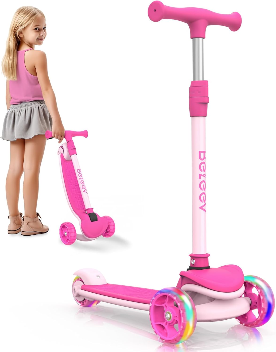 BELEEV A8 Scooter Children 6 Years, Foldable Premium Tricycle Scooter with LED Light Wheels, 4 Height Adjustable, Extra Wide & Non-Slip Platform, 3 Wheels Scooter for Girls Boys 3-12 Years
