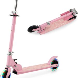 GOPLUS Roller Kinder 3 Jahre, 3-Stufig höhenverstellbarer Kinderroller, Kinder Scooter mit LED Rädern & Hinterradbremse, klappbarer Kickscooter mit/ohne Tragegurt & Ständer, Leichter Aluminium-Roller