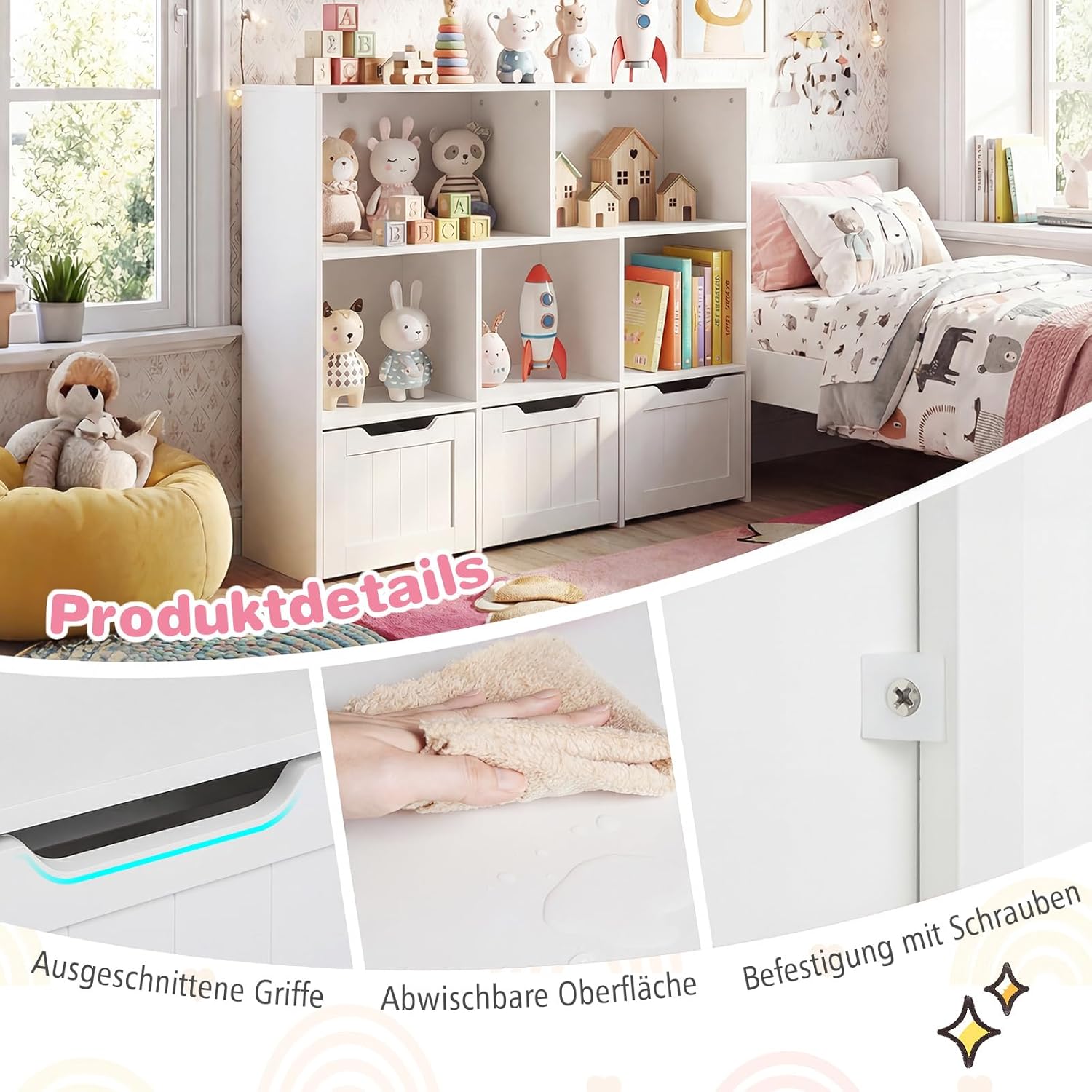 COSTWAY Children's Shelf with Boxes on Wheels, Children's Bookcase with 5 Compartments & 3 Drawers, Toy Cabinet Wooden Children's Cupboard, Toy Organiser for Children's Room, 100 x 33 x 90 cm (White) – Bild 6