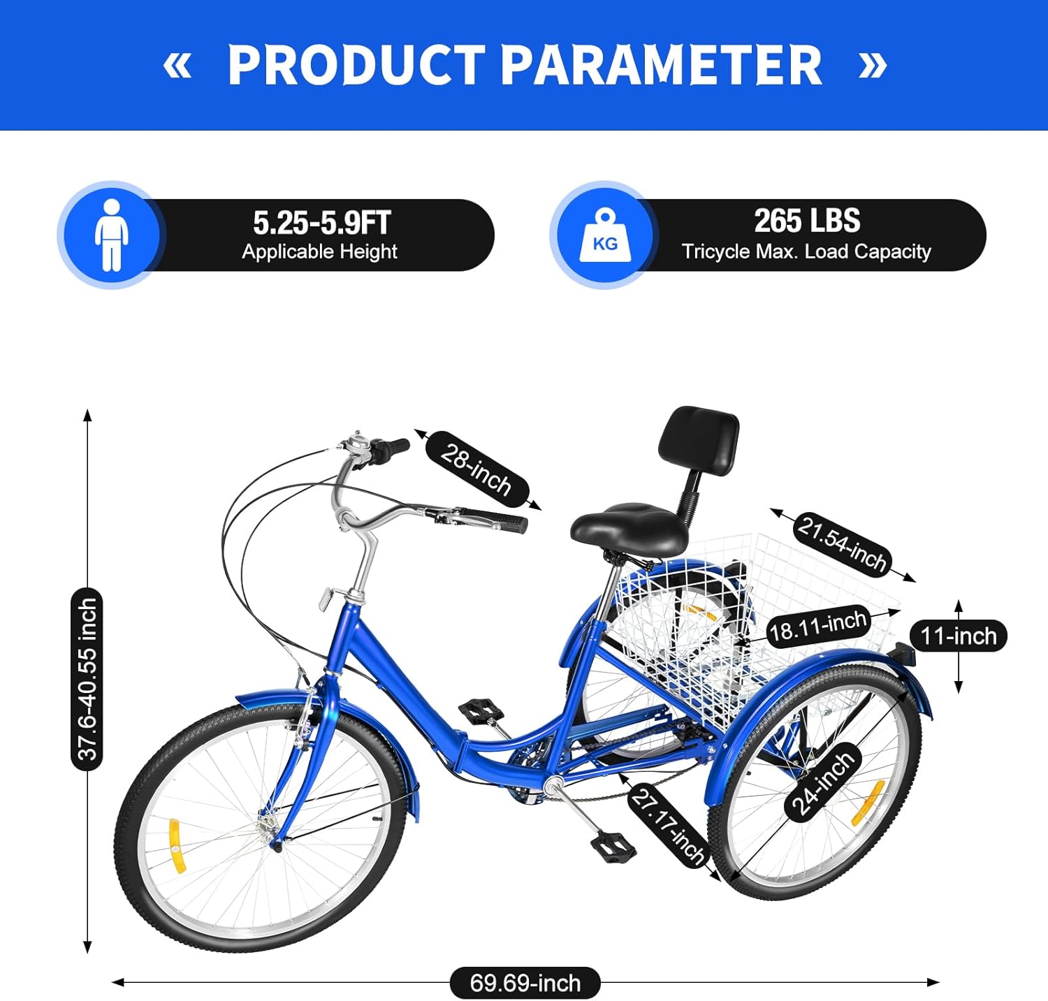 24 Inch Tricycle for Adults, 7-Speed Folding Bike, 3-Wheel Bicycle, with Shopping Basket and Backrest Seat Cushion, Suitable for Adults, Seniors and Beginners – Bild 4