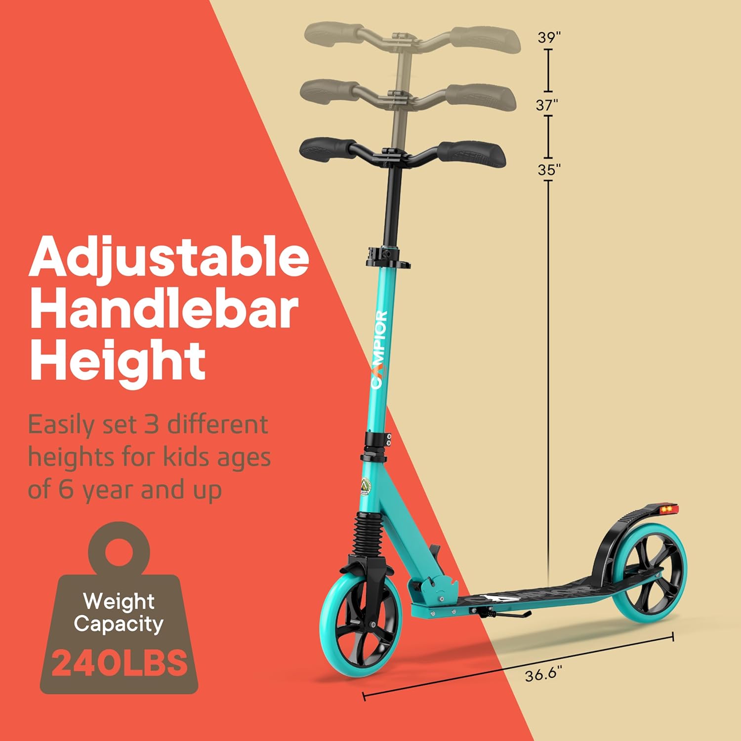 Kick Scooter for Kids Ages 6+ for Kids, Teens and Adults, Max Load 240 Lbs, Foldable 8" Wheels for Kids and Adults, with Stand, 3 Adjustable Levels – Bild 4