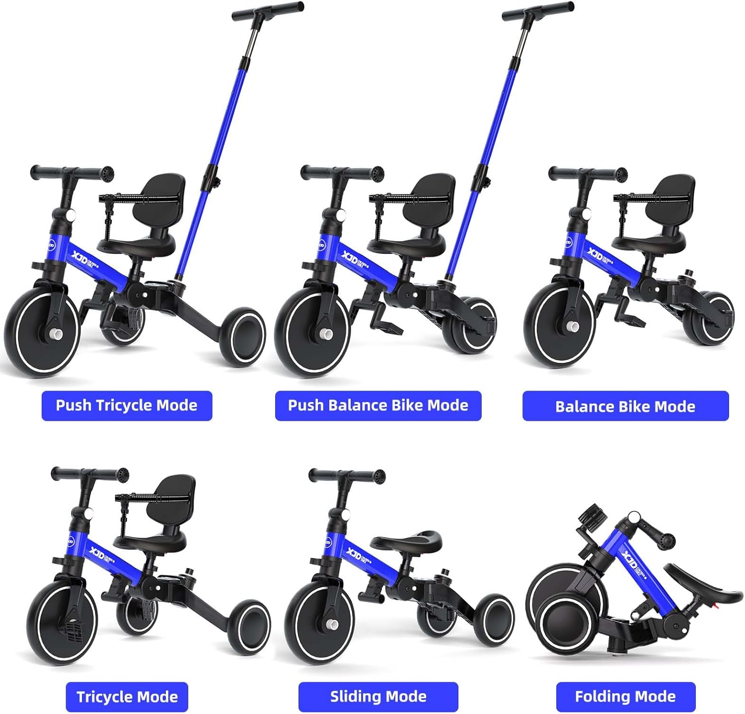 XJD 5-in-1 Tricycle, Balance Bike from 1 Year with Push Bar for Children from 1-4 Years, Balance Bike with Removable Pedals and Adjustable Seat, Children's Tricycle, Baby Bicycle (Blue) – Bild 4