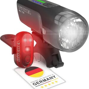 Büchel BLC 720 Fahrradlichter Set I 70/30/15 Lux I StVZO zugelassen mit bis zu 14h Akkulaufzeit I Aufladbares Fahrrad licht LED für vorne + hinten I Rücklicht Fahrrad, fahrradlicht vorne I Micro-USB