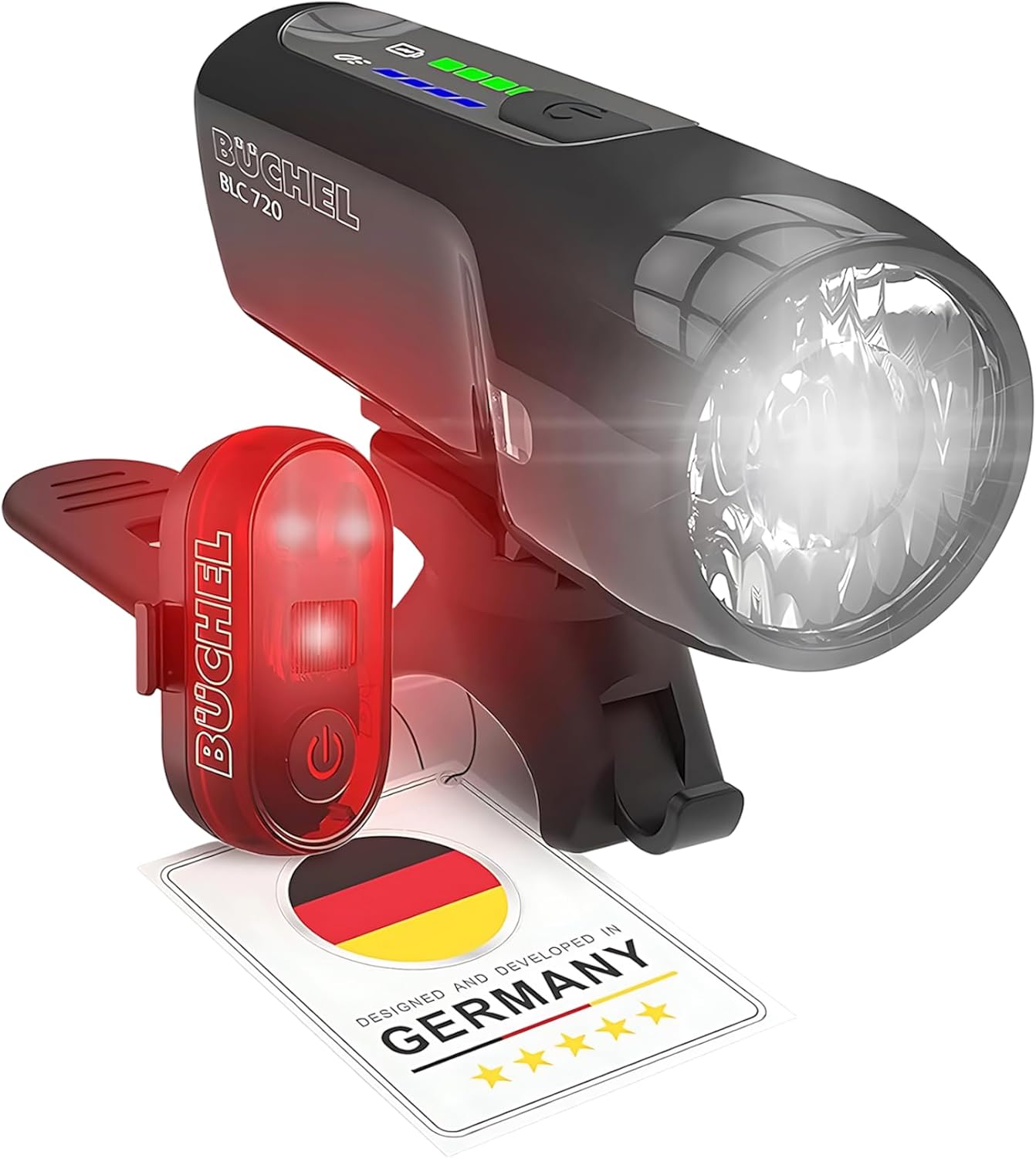 Büchel BLC 720 Fahrradlichter Set I 70/30/15 Lux I StVZO zugelassen mit bis zu 14h Akkulaufzeit I Aufladbares Fahrrad licht LED für vorne + hinten I Rücklicht Fahrrad, fahrradlicht vorne I Micro-USB