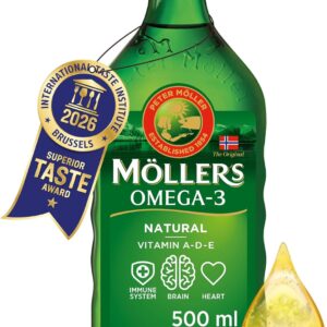 Möller’s Omega 3 Cod Liver Oil | Dietary Supplement with EPA, DHA, Vit A, D and E | High Purity Natural | 165 Year Old Brand | Superior Taste Award | Neutral Taste | 500 ml