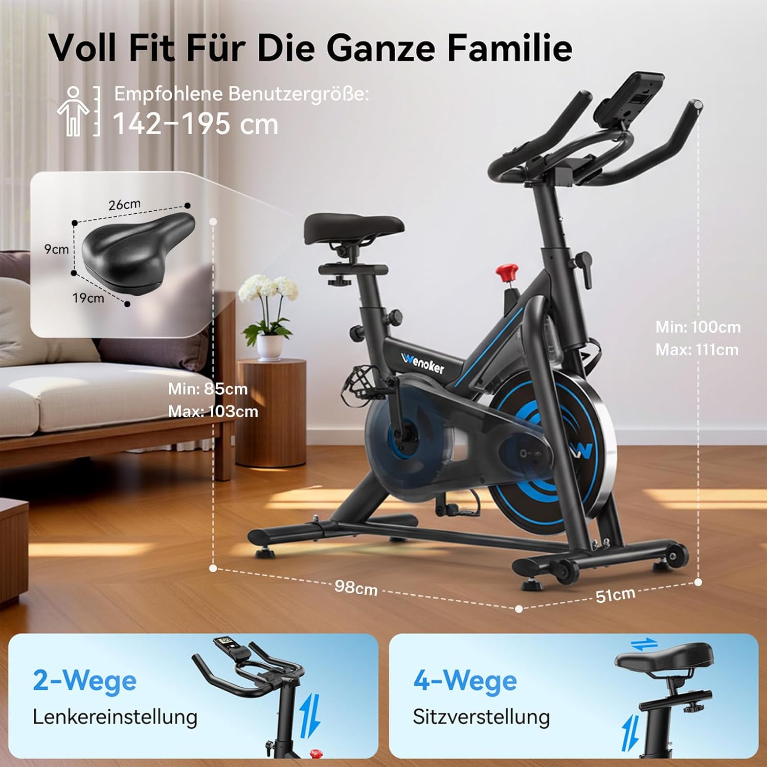 Heimtrainer Fahrrad mit App, Wenoker Leises Ergometer Magnetischer Widerstand Hometrainer Fahrrad, Spinning Bike Indoor Fitnessbikes für Kardio-Training zu Hause,Bis 160KG – Bild 7