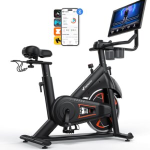 MERACH Exercise Bike with 21.5 Inch Rotating FHD Screen, Quiet Home Trainer Bicycle with Automatic Resistance, Reinforced H-Frame, Shock-Absorbing Air Cushion Saddle, Own App, Up to 150 kg