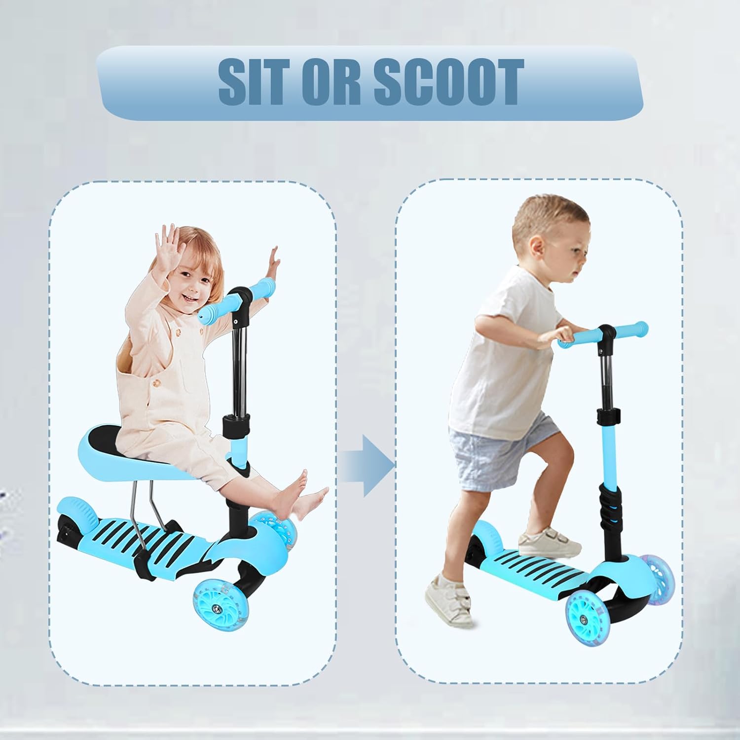 5 in 1 Scooter Scooter with Seat + Slider Flash Wheels PU Wheels Non-Slip LED Light Height Adjustable Ideal for Children 2-8 Years – Bild 3