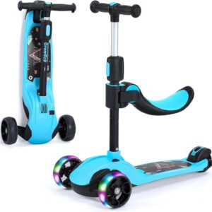 BremToy Children’s Scooter with Removable Seat, Children’s Scooter with Continuously Adjustable, Children’s Scooter with PU Wheels, Foldable Children’s Scooter for Children from 3-12 Years (Blue)