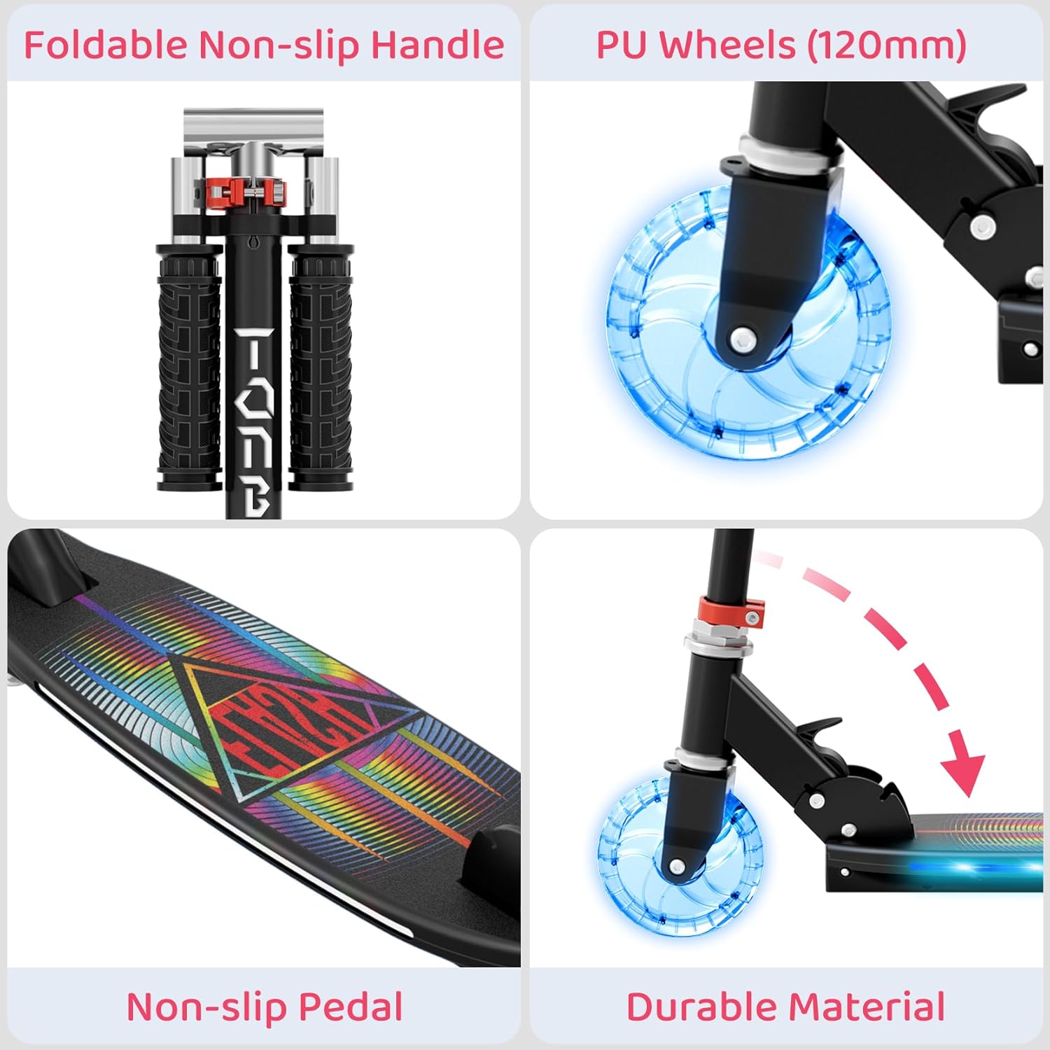 TONBUX Children's Scooter with Cool Illuminated Poles, Wheels and Deck, 3 Levels Height Adjustable Children's Scooter, Foldable Lightweight Scooter Children from 5 to 12 Years – Bild 7