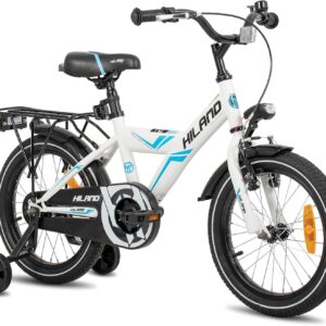 HILAND 16/18/20 Zoll Kinderfahrrad Mountainbike Kinder MTB für Jungen und Mädchen ab 4 5 6 7 8 9 Jahren Licht Gepäckträger Stützräder/Ständer, Schwarz/Weiß