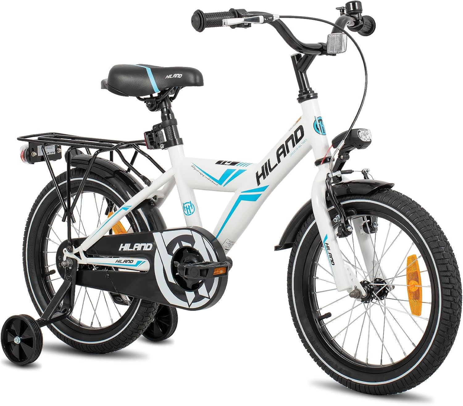 HILAND 16/18/20 Zoll Kinderfahrrad Mountainbike Kinder MTB für Jungen und Mädchen ab 4 5 6 7 8 9 Jahren Licht Gepäckträger Stützräder/Ständer, Schwarz/Weiß