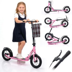 Scooter for Adults and Teenagers, Height-Adjustable Folding Scooter with Basket, Scooter Air Tyres with Handbrake and Foot Brake, up to 150 kg, Ideal Choice for Commuters and Travellers