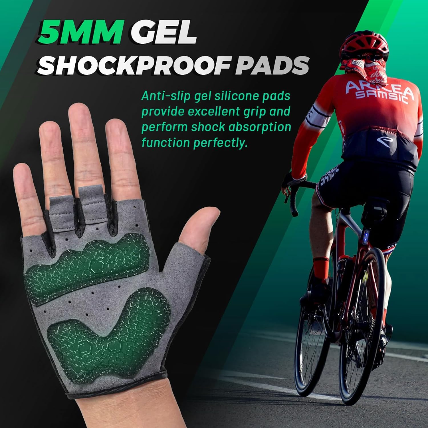 Kurzfinger Fahrradhandschuhe Herren Damen, Atmungsaktiv Sommer Radhandschuhe mit Gel Polsterung, rutschfest Stoßdämpfend für MTB Rennrad Citybike – Bild 2