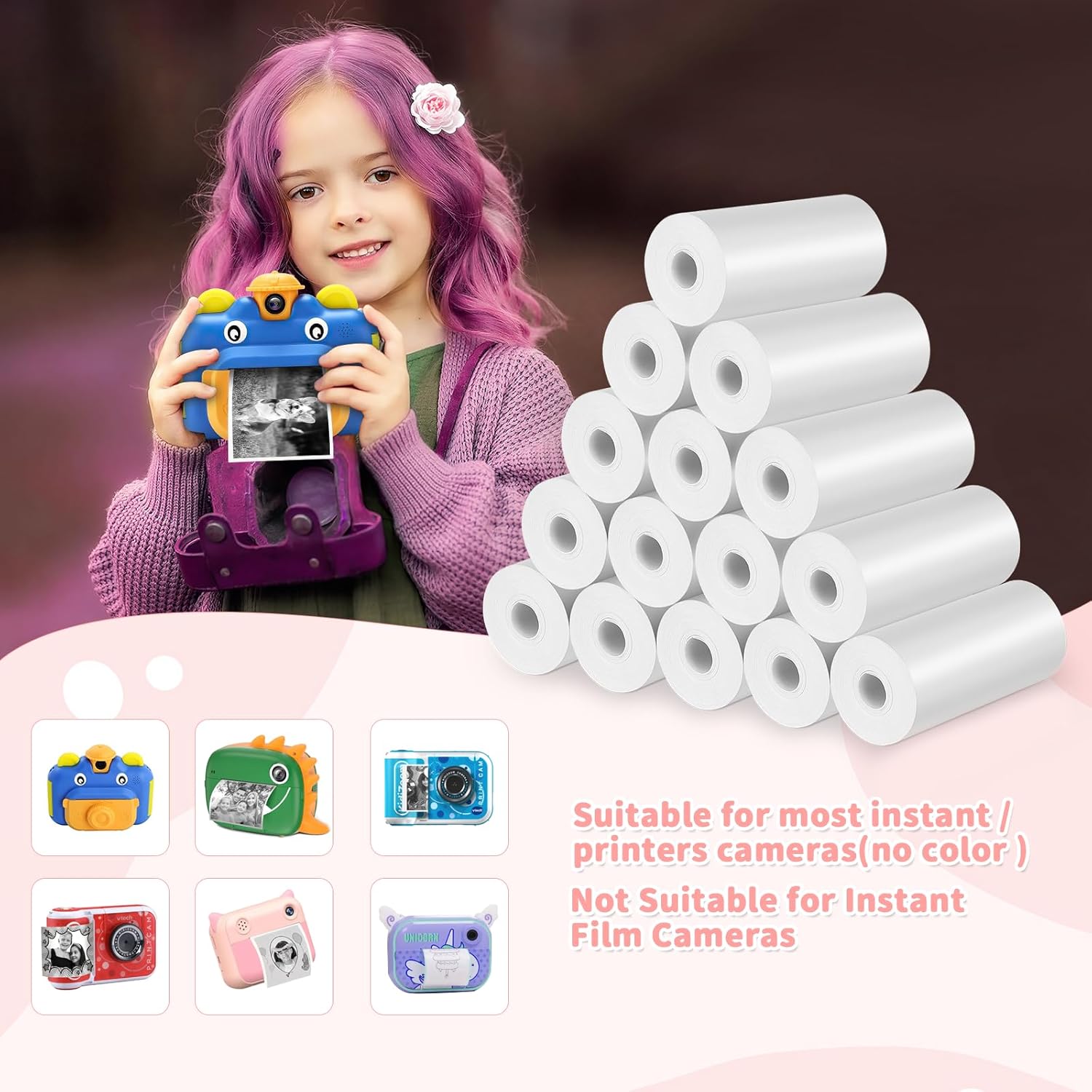Thermal Paper for Children, Instant Camera 15 Rolls Thermal Paper Children's Camera, Thermal Printer Paper White, Refill Printing Paper, Thermal Papers for Scrapbooking, Photos, Notes, Labels (57 mm x 500 mm) – Bild 5