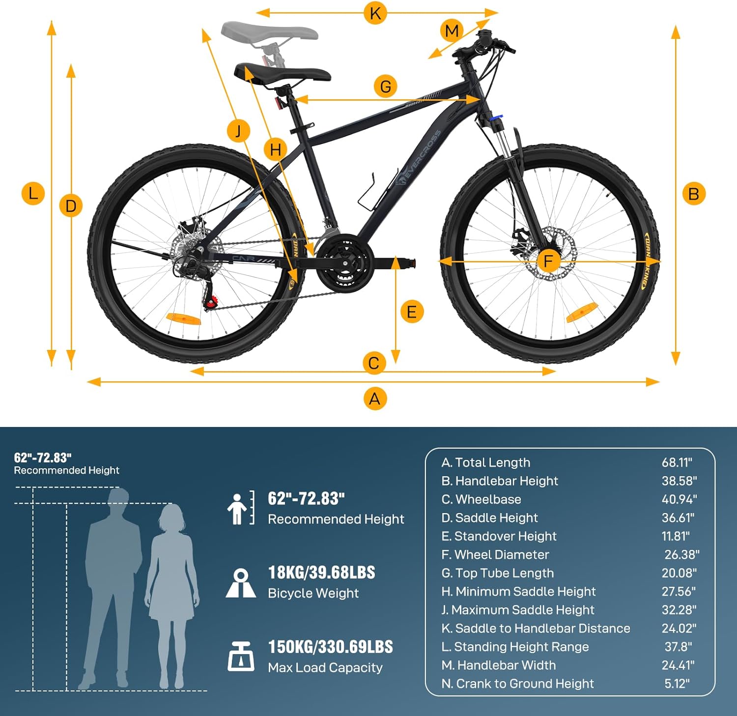 EVERCROSS EM3 Mountain Bike for Adults Women and Men, 26 Inch Bike, 21-Speed Gear System, Aluminium Frame with Suspension Fork, All-Terrain Bike with Disc Brakes, 150 kg Load Capacity – Bild 7