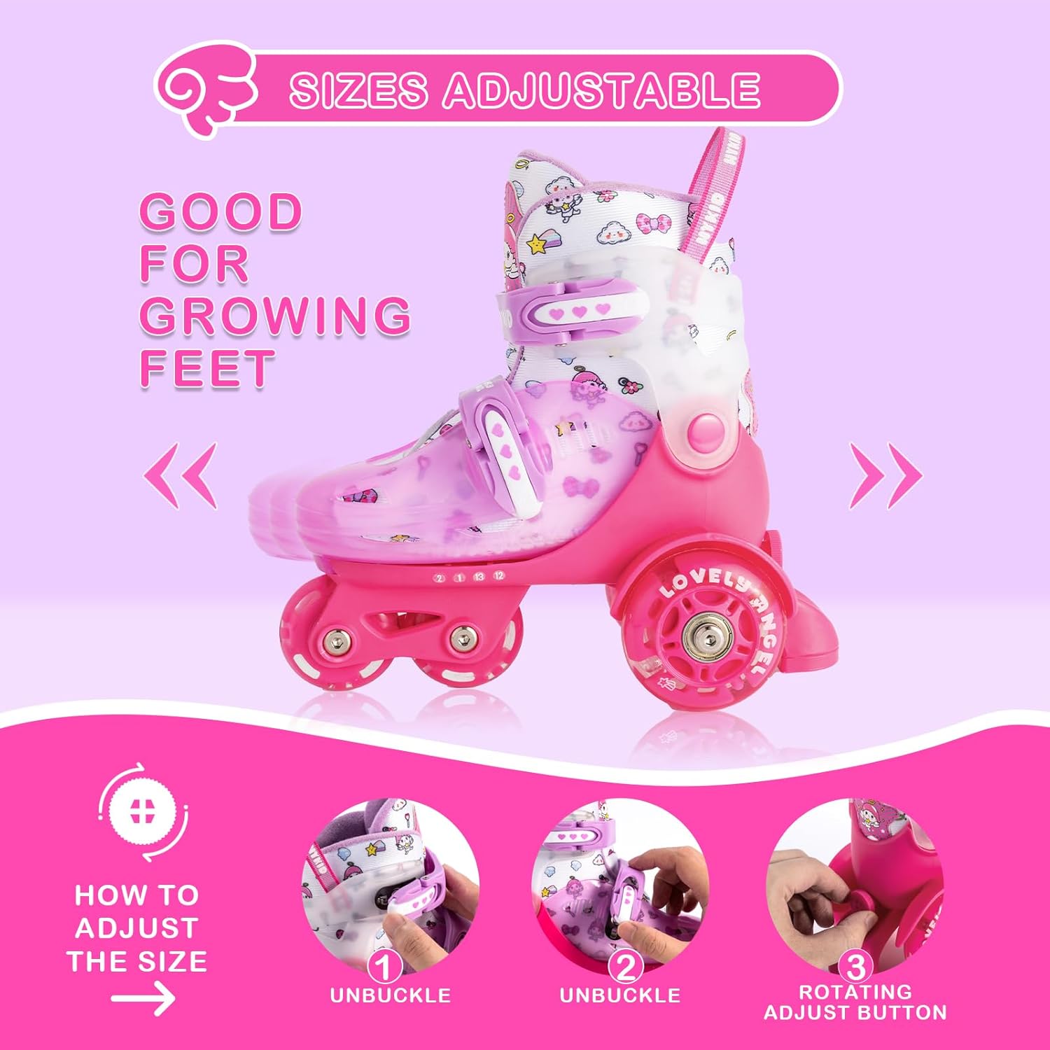 Children's Roller Skates, 4 Adjustable Sizes, Stable and Safe 3-Point Construction, Girls' Roller Skates for Beginners with Breathable Outer Material, Lightweight and Fun – Bild 4