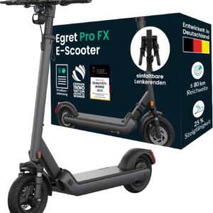 Egret Pro FX E-Scooter with Road Legal (max. 20 km/h), Range up to 80 km, Front Suspension, App Control, Handlebar Height Adjustable + Foldable, Maximum Load 120 kg