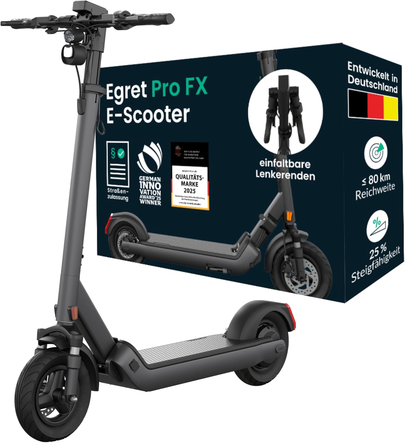 Egret Pro FX E-Scooter with Road Legal (max. 20 km/h), Range up to 80 km, Front Suspension, App Control, Handlebar Height Adjustable + Foldable, Maximum Load 120 kg