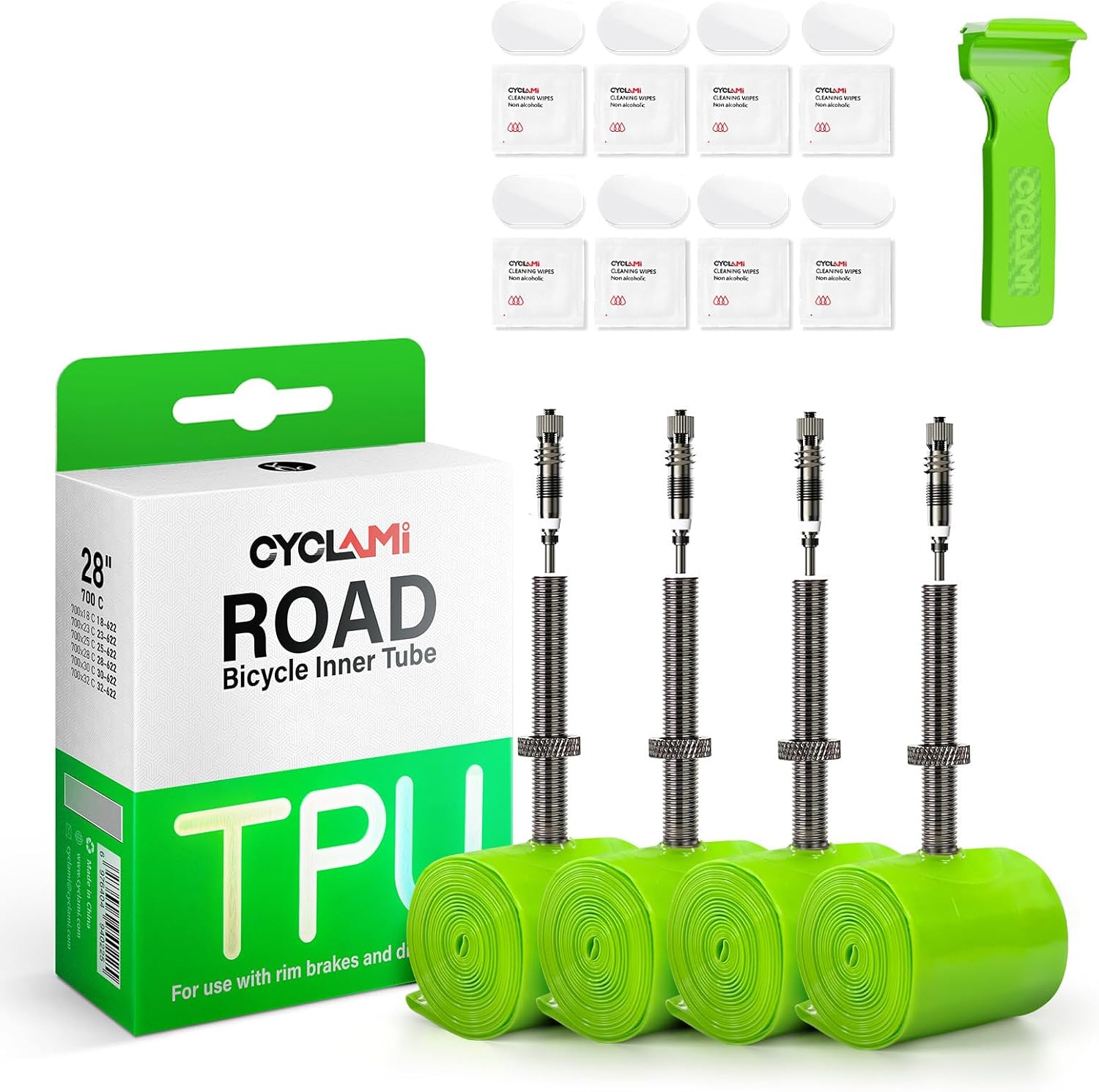 4-Pack CYCLAMI TPU Inner Tube 700×18-32C/MTB29'' 1.9-2.5 Bicycle Inner Tubes Metal Removable Presta Valve 45/60/80mm for Road Bike and Mountain Bike