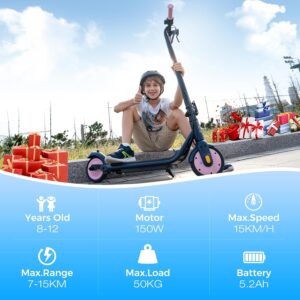 RCB R7X Children’s E-Scooter Max Range 15 Km, Max Speed 15 KMH, 7 Inch Solid Rubber Tyres, Foldable Children’s Electric Scooter with Shock Absorption, Double Brake, Gift for 8-12 Years Children