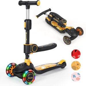 BremToy Children’s Scooter with Seat, Scooter with LED Wheels, Children’s Scooter with Height-Adjustable Handlebar, Foldable Children’s Scooter for Children 1-8 Years