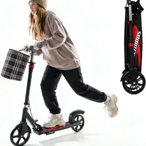Folding Scooter for Adults, T-Style City Scooter, Big Wheel Scooter with Handbrake, 200 mm Wheels and Fabric Bag for up to 100 kg
