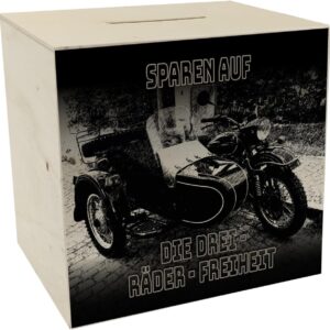 Vintage motorcycle with sidecar money box made of wood with saying: Save on the Three Wheels Freedom Funny Money Box for the Three Wheels Freedom