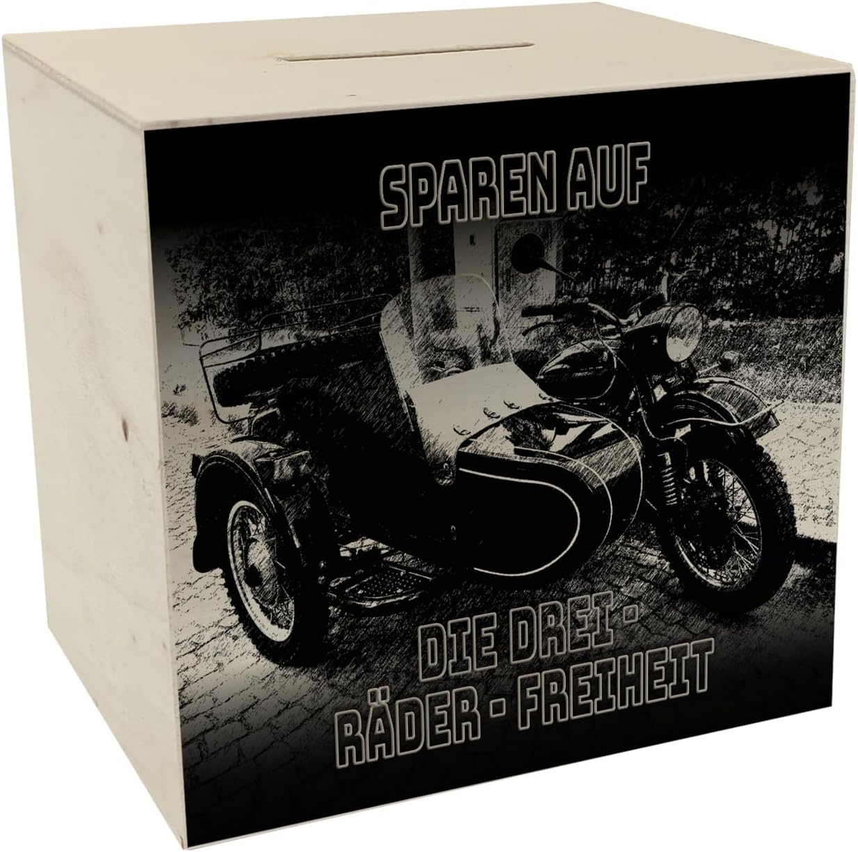 Vintage motorcycle with sidecar money box made of wood with saying: Save on the Three Wheels Freedom Funny Money Box for the Three Wheels Freedom