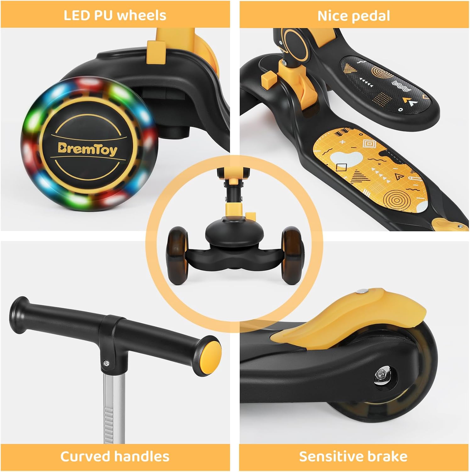 BremToy Children's Scooter with Seat, Scooter with LED Wheels, Children's Scooter with Height-Adjustable Handlebar, Foldable Children's Scooter for Children 1-8 Years – Bild 4