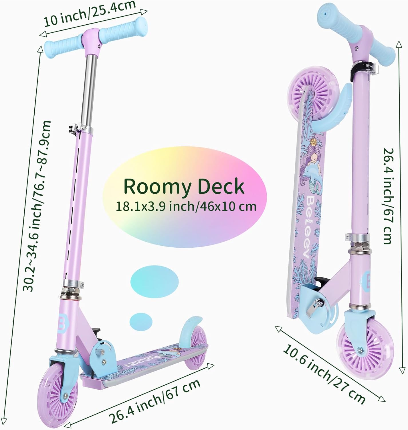 Beleev V2 Scooter Children's Scooter 6 Years, Upgrade with LED Luminous Wheels, Steering Column and Deck, Height Adjustable, Rear Wheel Brake, Foldable Scooter Children 4 Years Girls Boys, 3-12 Years – Bild 7