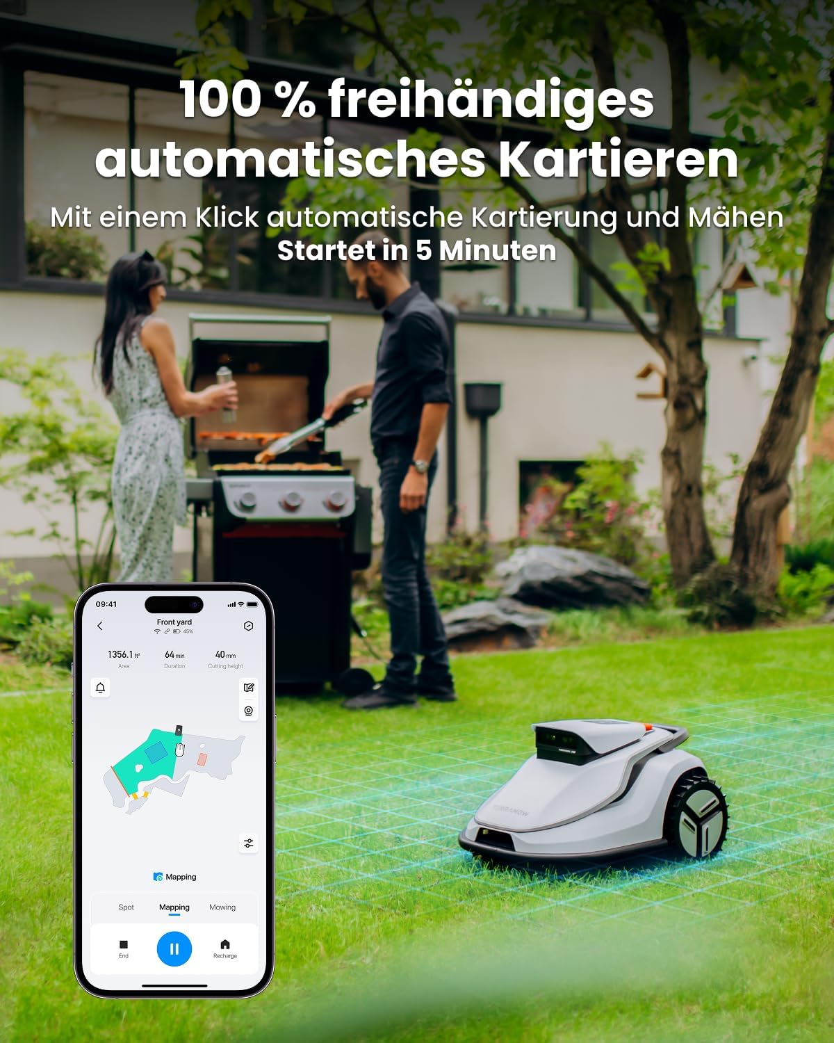 TerraMow V600 Robotic Lawnmower without Boundary Cable with Garage, Tri-AI Vision Technology without Cable/RTK Signal Problems, DropMow Automatic Mapping Max 600 ㎡, AI Vision Navigation 3.8Ah Battery – Bild 3