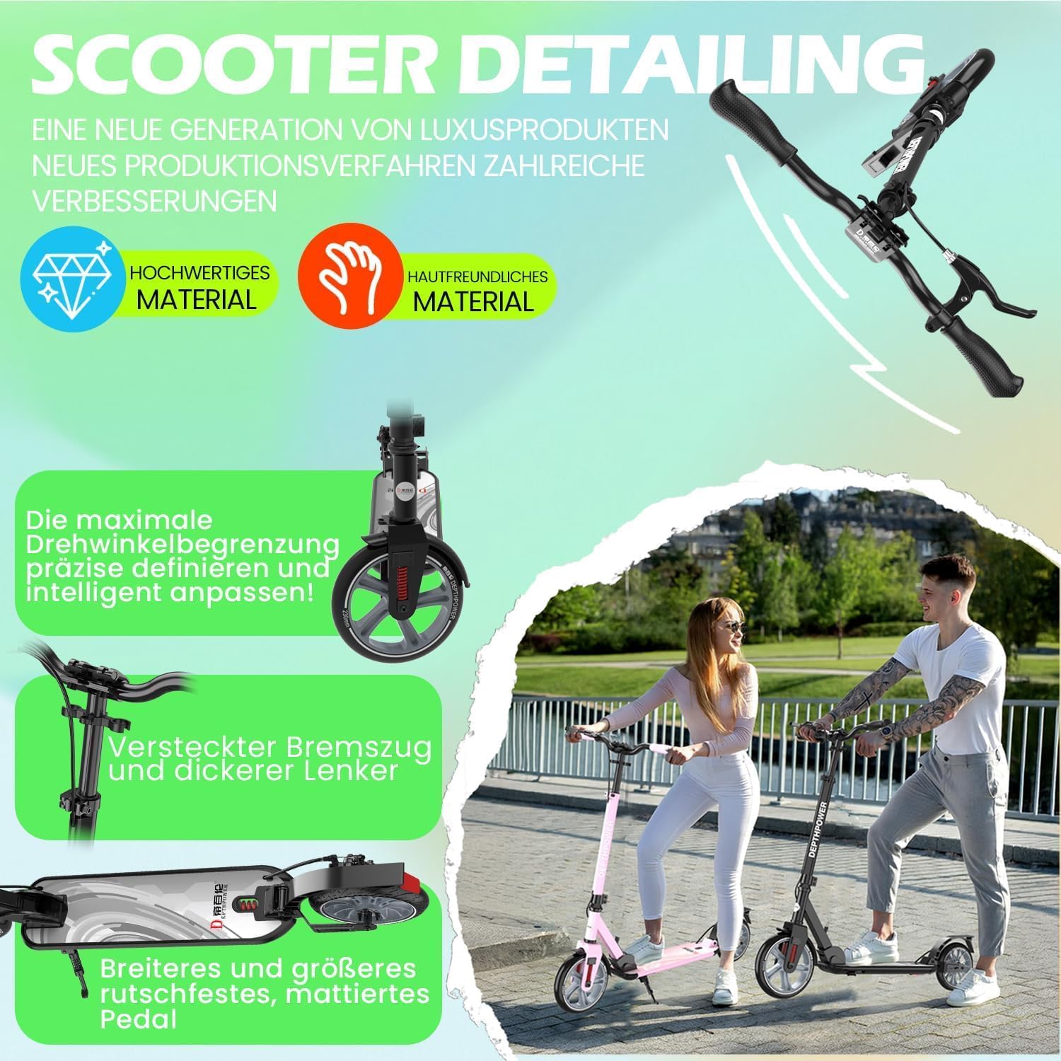 Adult Scooter up to 150 kg - Folding Scooter with 230 mm Wheels & ABEC-9, Height-Adjustable City Scooter Large Wheels with Disc Brake & Shock Absorber, Scooter from 8 Years, Teenagers – Bild 2
